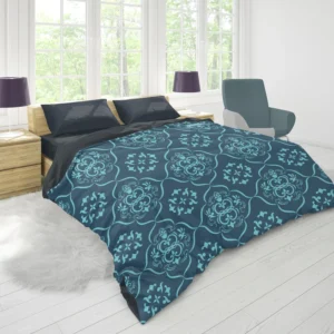 Sky Blue And Aegean Damask Pattern Duvet Cover 1