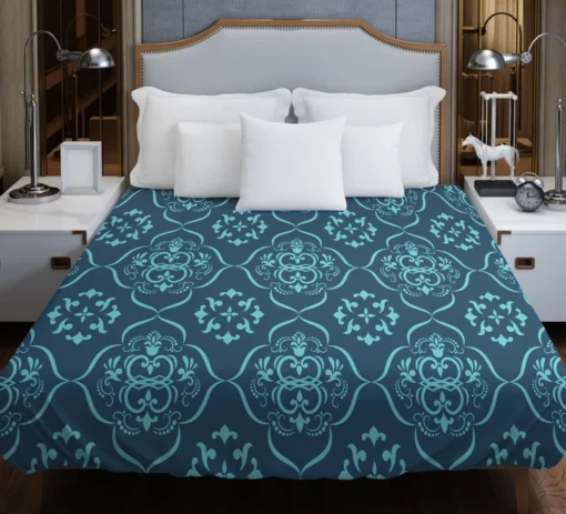 Sky Blue And Aegean Damask Pattern Duvet Cover