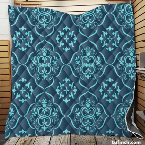 Sky Blue And Aegean Damask Pattern Quilt Blanket