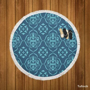 Sky Blue And Aegean Damask Pattern Round Beach Towel