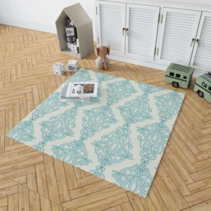 Sky Blue Classic Damask Design Rug 1