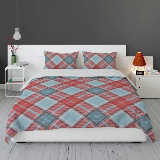 Sky Blue Red Scottish Tartan Plaid Bedding Set 1