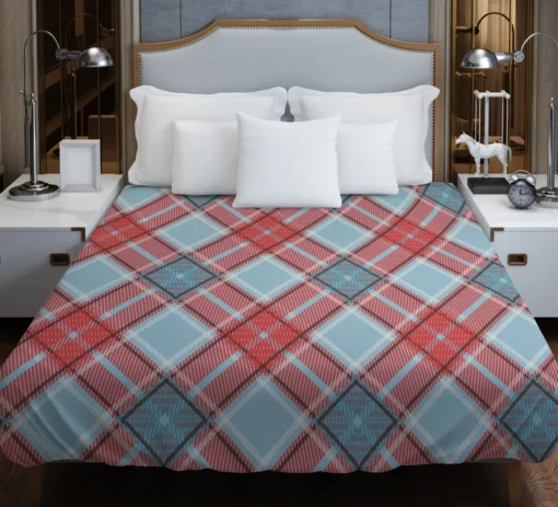 Sky Blue Red Scottish Tartan Plaid Duvet Cover