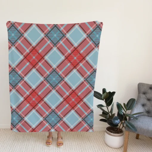 Sky Blue Red Scottish Tartan Plaid Fleece Blanket