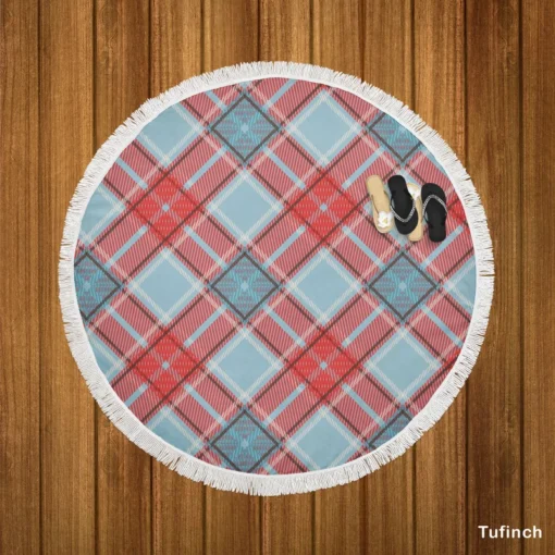 Sky Blue Red Scottish Tartan Plaid Round Beach Towel