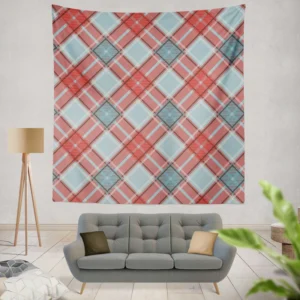 Sky Blue Red Scottish Tartan Plaid Wall Tapestry