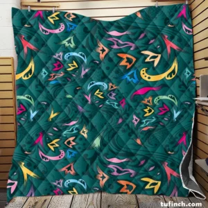 Small Swirly Floral On Greenish Blue Quilt Blanket