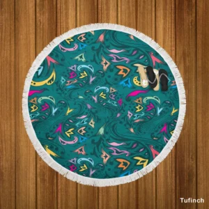 Small Swirly Floral On Greenish Blue Round Beach Towel