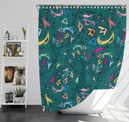 Small Swirly Floral On Greenish Blue Shower Curtain