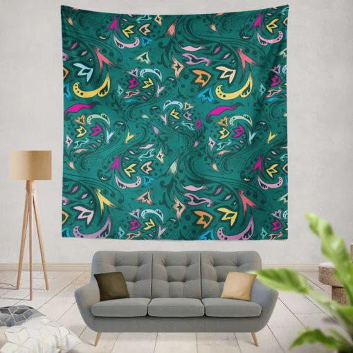 Small Swirly Floral On Greenish Blue Wall Tapestry