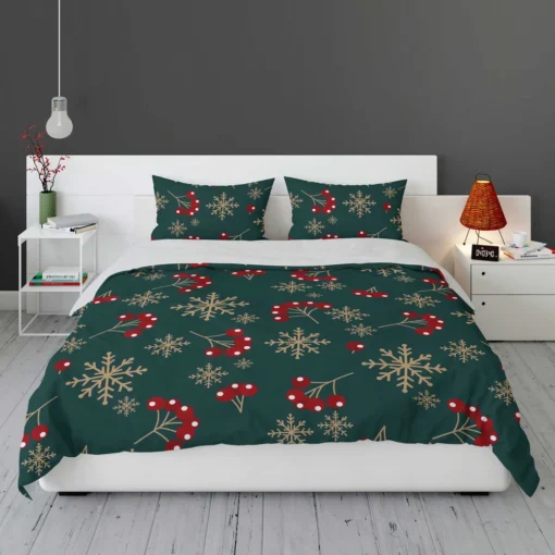 Snowflakes Red Viburnum On Green Bedding Set 1