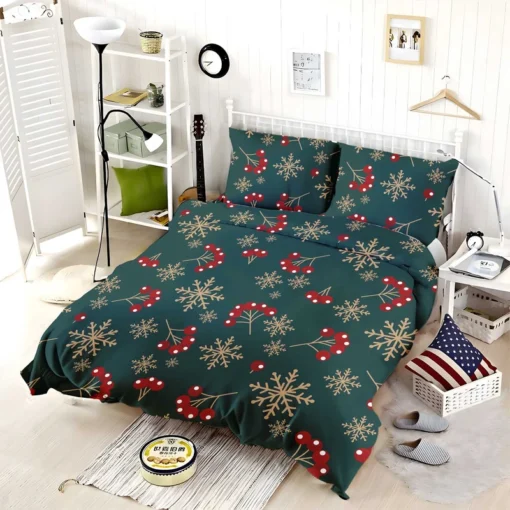 Snowflakes Red Viburnum On Green Bedding Set