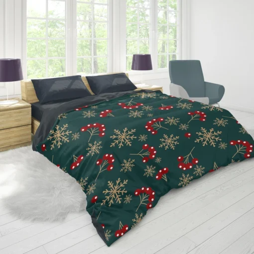 Snowflakes Red Viburnum On Green Duvet Cover 1