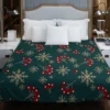 Snowflakes Red Viburnum On Green Duvet Cover