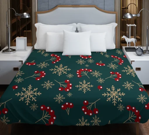 Snowflakes Red Viburnum On Green Duvet Cover