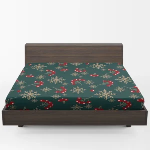 Snowflakes Red Viburnum On Green Fitted Sheet 1