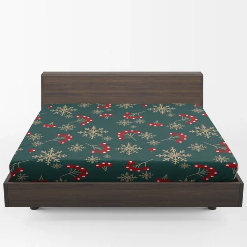 Snowflakes Red Viburnum On Green Fitted Sheet 1