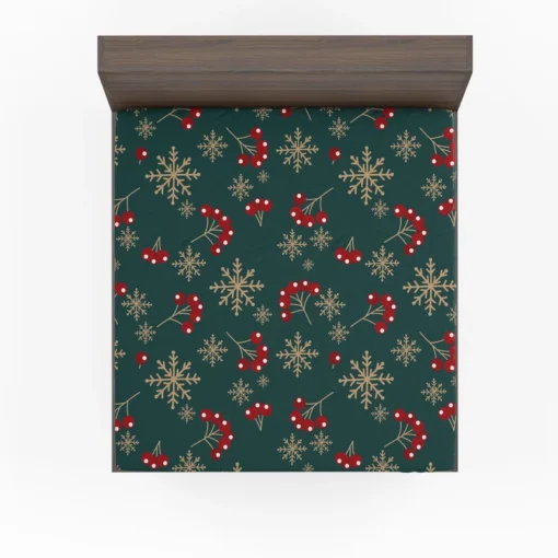 Snowflakes Red Viburnum On Green Fitted Sheet