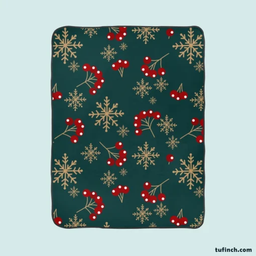 Snowflakes Red Viburnum On Green Fleece Blanket 1