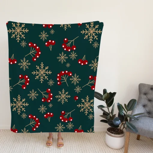 Snowflakes Red Viburnum On Green Fleece Blanket