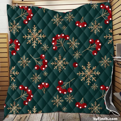 Snowflakes Red Viburnum On Green Quilt Blanket