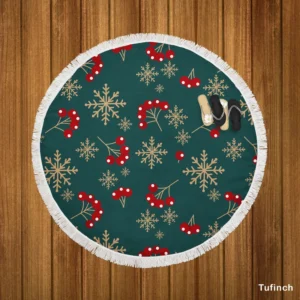 Snowflakes Red Viburnum On Green Round Beach Towel