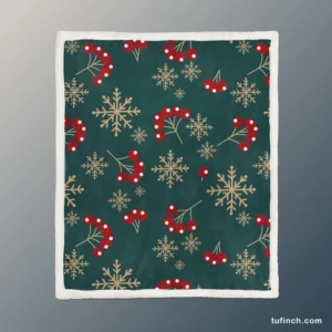 Snowflakes Red Viburnum On Green Sherpa Fleece Blanket 1