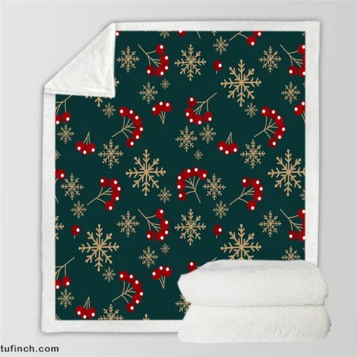 Snowflakes Red Viburnum On Green Sherpa Fleece Blanket