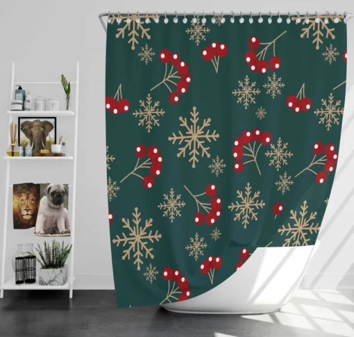 Snowflakes Red Viburnum On Green Shower Curtain