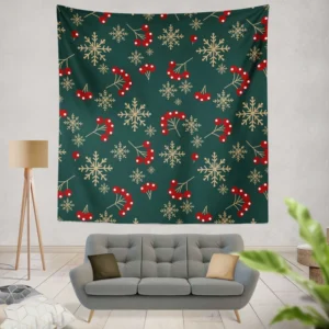 Snowflakes Red Viburnum On Green Wall Tapestry