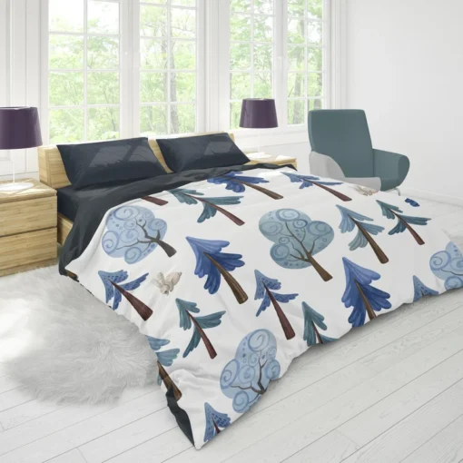 Snowy Pine Trees Rabbits Duvet Cover 1