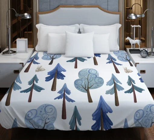 Snowy Pine Trees Rabbits Duvet Cover