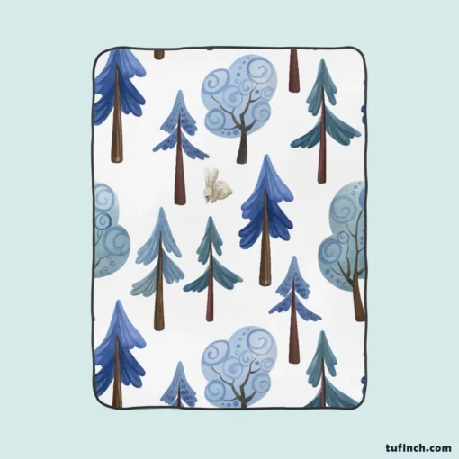 Snowy Pine Trees Rabbits Fleece Blanket 1