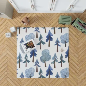 Snowy Pine Trees Rabbits Rug