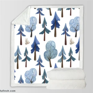 Snowy Pine Trees Rabbits Sherpa Fleece Blanket