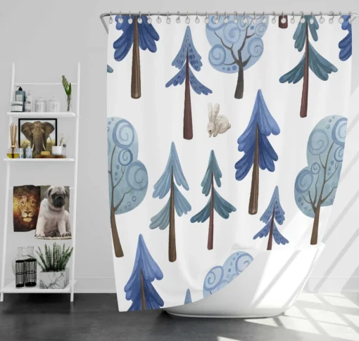 Snowy Pine Trees Rabbits Shower Curtain