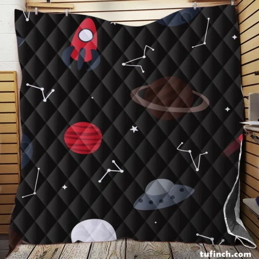 Space Pattern Rocket Saturn Quilt Blanket