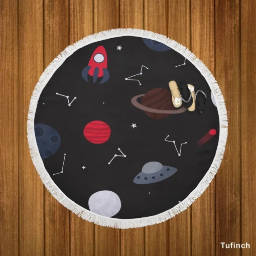 Space Pattern Rocket Saturn Round Beach Towel