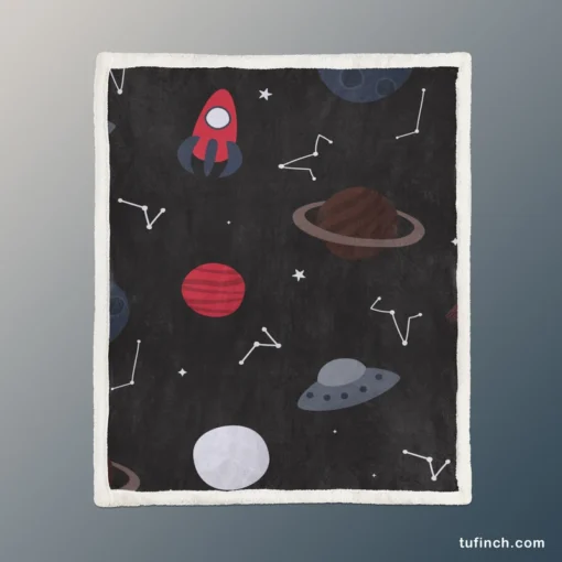 Space Pattern Rocket Saturn Sherpa Fleece Blanket 1