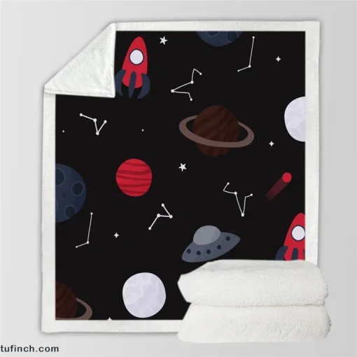 Space Pattern Rocket Saturn Sherpa Fleece Blanket