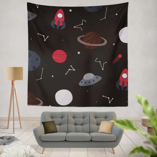 Space Pattern Rocket Saturn Wall Tapestry