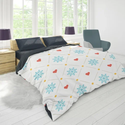 Square Pattern Snowflake Red Hearts Duvet Cover 1