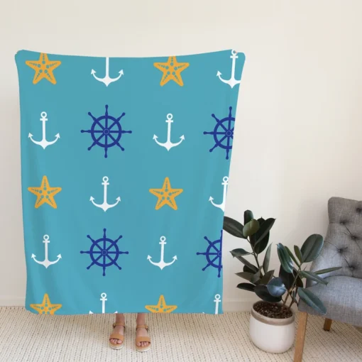 Starfish Wheel Anchor Nautical Pattern Fleece Blanket