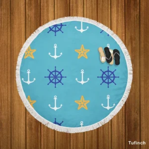 Starfish Wheel Anchor Nautical Pattern Round Beach Towel