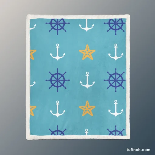 Starfish Wheel Anchor Nautical Pattern Sherpa Fleece Blanket 1