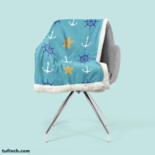 Starfish Wheel Anchor Nautical Pattern Sherpa Fleece Blanket 2