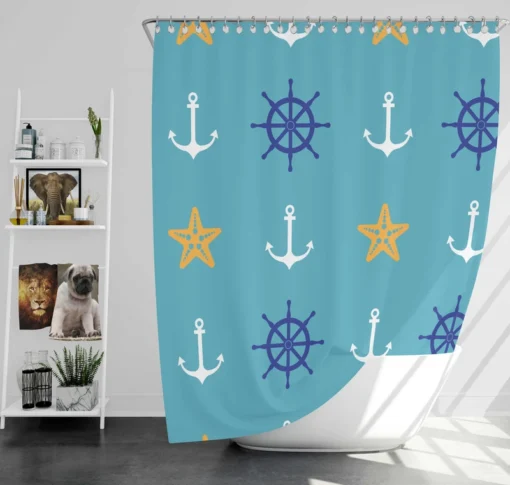 Starfish Wheel Anchor Nautical Pattern Shower Curtain