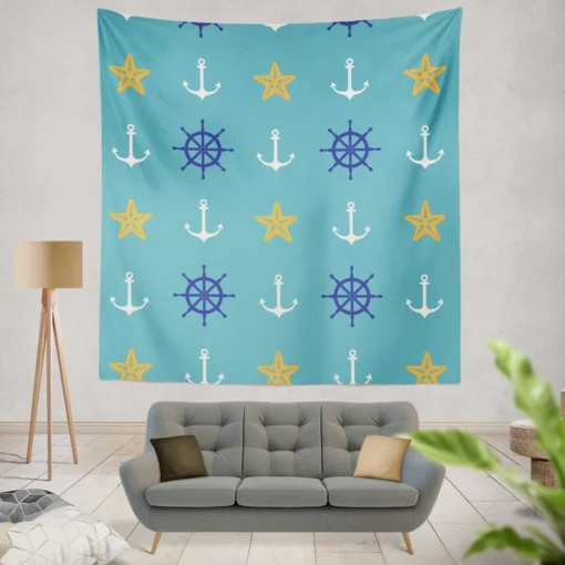 Starfish Wheel Anchor Nautical Pattern Wall Tapestry