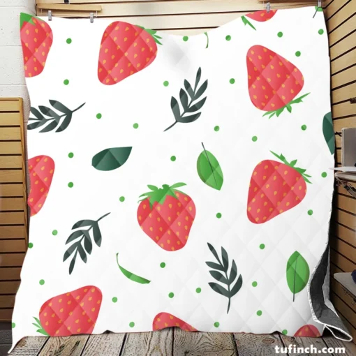 Strawberry Leaf White Background Quilt Blanket