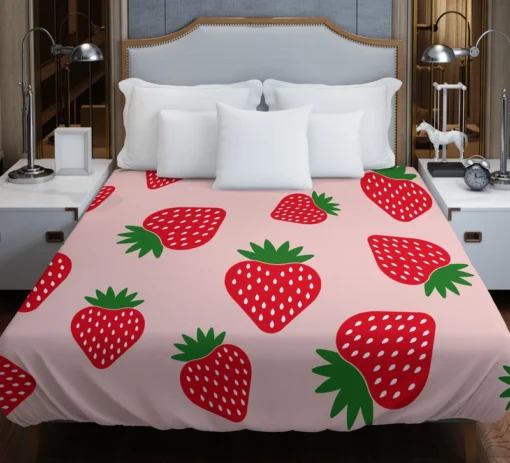 Strawberry Print In Pink Background Duvet Cover